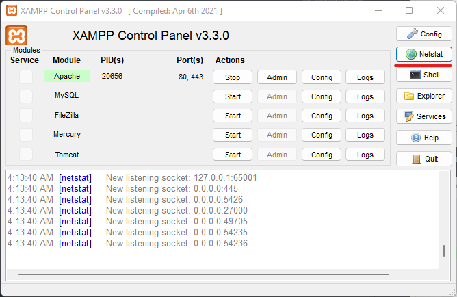 Mise en évidence du bouton netstat sur l'interface XAMPP